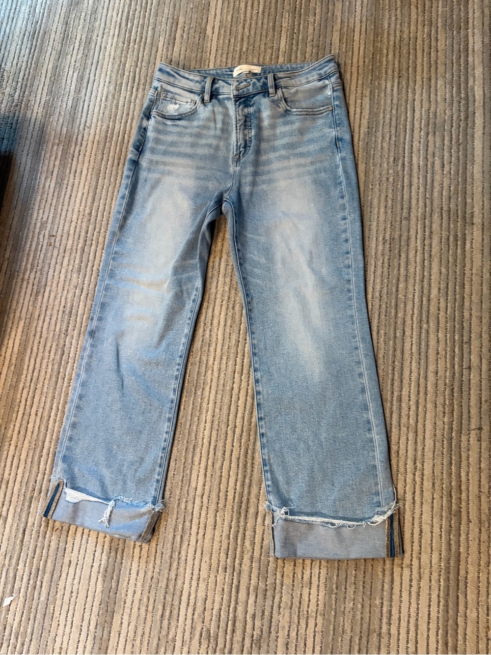Light Wash Risen Boyfriend Jeans with Rolled Raw Hem